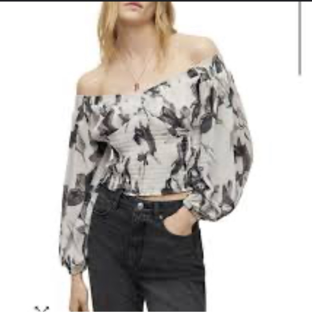All Saints Black and White Off-Shoulder Blouse
